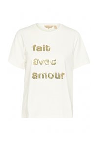 Balta medvilninė marškinėliai su trumpomis rankovėmis, ant priekinės dalies išsiuvinėta "fait avec amour" auksiniais blizgučiais. Klasikinio apvalaus kaklo dizainas.