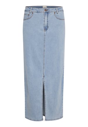 Hellblaue Denim-Rock, knielang, mit einem Schlitz vorne, Gürtelschlaufen und einem metallischen Knopfverschluss mit kontrastierenden Nähten.