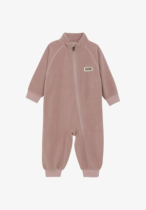 Rosa Fleece-Kinder-Overall mit langen Ärmeln, hohem Kragen, durchgehendem Reißverschluss, gerippten Bündchen und einem kleinen Etikett auf der Brust.