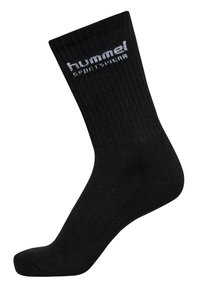 Sorte sportsokker lavet af ribbet stof. Har et hvidt "hummel" logo på kanten. Klassisk crew længde design med en glat tekstur.