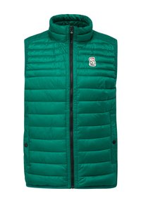 Grüne gepolsterte Weste mit hohem Kragen, Frontreißverschluss und horizontalem Steppmuster. Verfügt über ein Logo-Patch und Druckknopf-Akzenten.