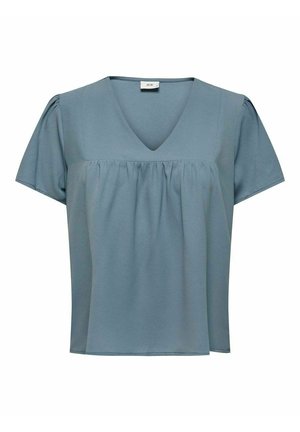 Light blue short-sleeve top with a V-neckline, featuring a textured fabric and gathered detailing below the bust.