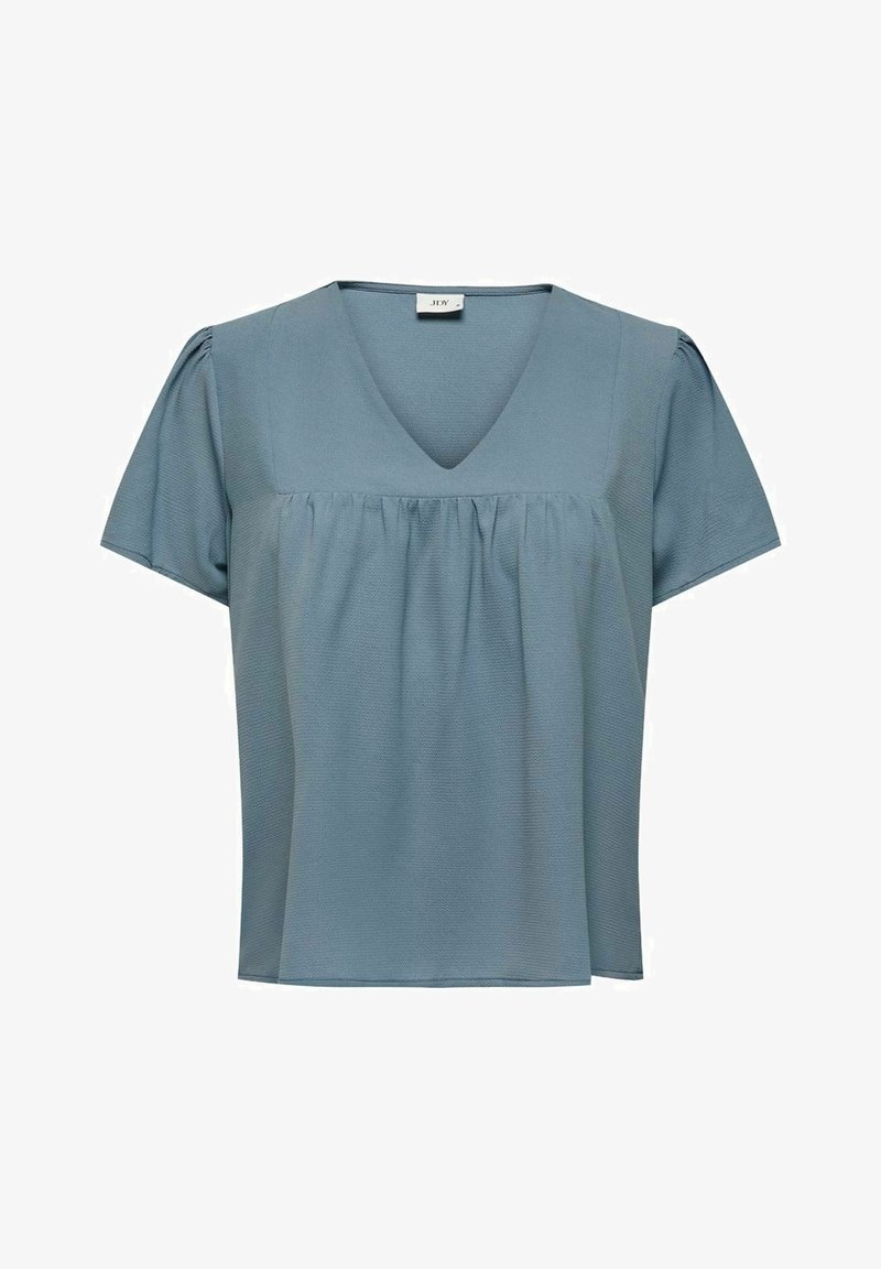 Haut bleu clair à manches courtes avec un décolleté en V, présentant un tissu texturé et des fronces sous la poitrine.