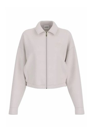 Hellgraue Jacke mit Reißverschluss, Stehkragen, langen Ärmeln und zwei Fronttaschen, versehen mit einem dezenten Markenlogo auf der Brust.