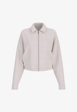 Lichtgrijze jas met rits, kraag, lange mouwen en twee voorkanten zakken, met een subtiel merklogo op de borst.