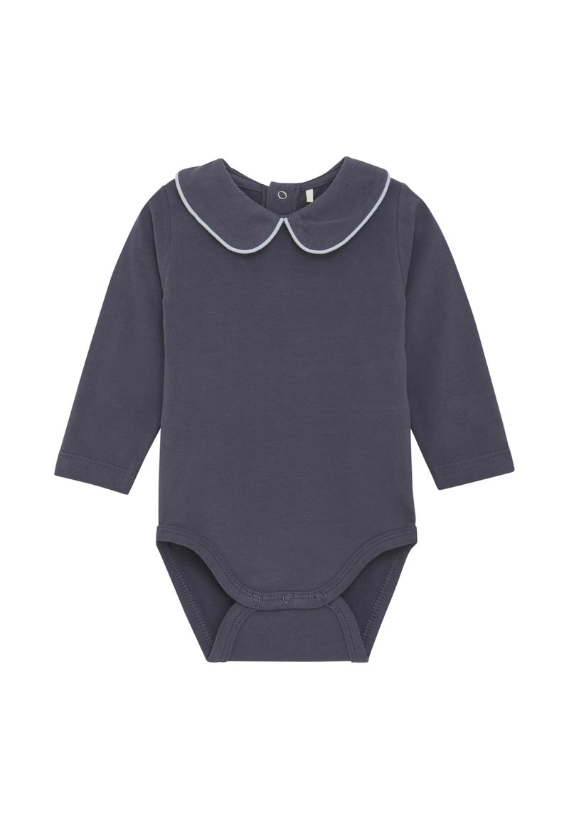 Navy langærmet bodysuit med rund krave og lyseblå pipings, lavet af blødt bomuldsstof, med trykknaplukninger i bunden.