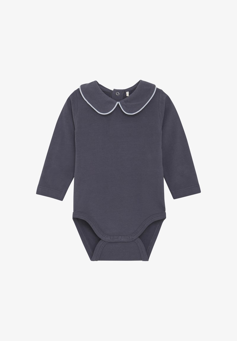 Navy langærmet bodysuit med rund krave og lyseblå pipings, lavet af blødt bomuldsstof, med trykknaplukninger i bunden.