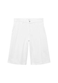 Shorts blancs avec une fermeture à bouton et des passants de ceinture, dotés de poches avant et d'un design épuré et classique adapté à une tenue décontractée.