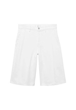 White shorts with a button closure and belt loops, featuring front pockets and a clean, classic design suitable for casual wear.