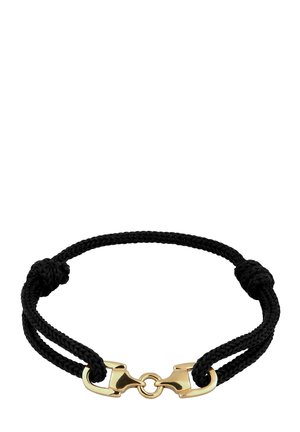 Sort flettet snorarmbånd med guldfarvet metalbeslag forbundet af en lille ring, der danner en rund form.