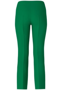 Grüne, schmal geschnittene Hose mit glatter Textur, mid-rise Design und zwei Vordernähten, die entlang der Beine verlaufen. Keine sichtbaren Beschläge oder Taschen.