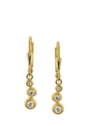Gold drop earrings with three bezel-set round clear gemstones in descending size, featuring lever-back clasps.