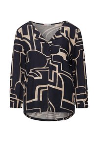 Blusa navy con motivo astratto beige, scollo a V, maniche a tre quarti, polsini elasticizzati e orlo curvo, realizzata in tessuto leggero.