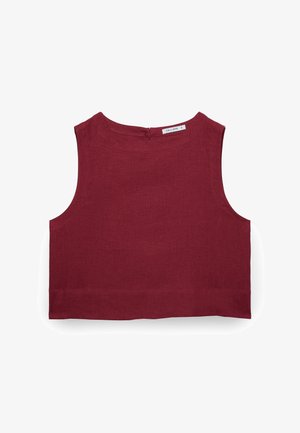 Ärmelloses, kurz geschnittenes Top aus tiefrotem Leinenstoff mit rundem Ausschnitt und kleinem Knopfverschluss am Rücken.