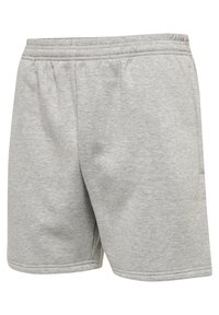 Grijze katoenen shorts met een elastische tailleband, zijzakken en een gestikte zoom. Eenvoudig ontwerp met een zachte, gladde textuur.