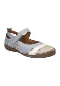 Light blue leather shoe with a rounded toe, secure strap, cut-out details, and beige accents on the toe and sides. Flat rubber sole.