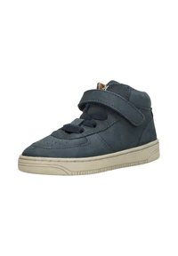 Marineblauwe leren hoge sneakers met een klittenbandsluiting en veters, beige rubberen zool en geperforeerde neus voor ventilatie.
