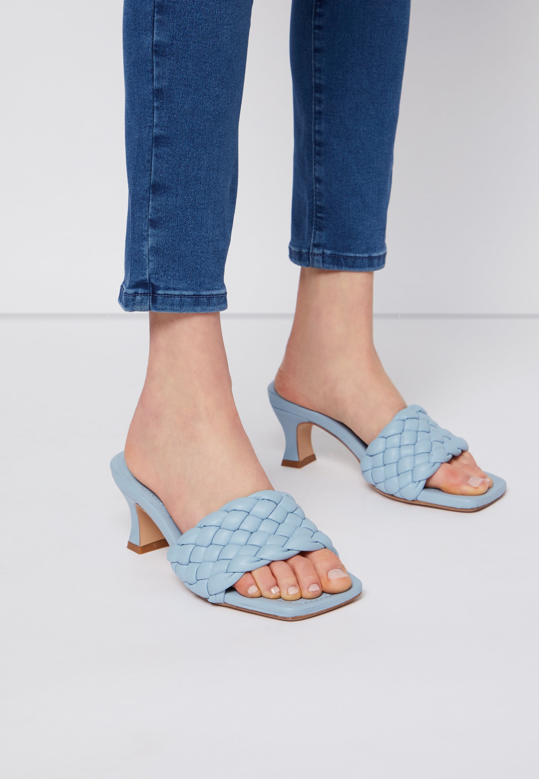 light blue heeled mules