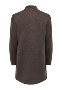 Brązowy płaszcz z mieszanki wełny o prostym kroju, z kołnierzem stójkowym i długimi rękawami; gładka tekstura, bez widocznych elementów metalowych i wzorów.