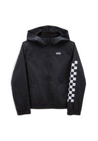 Black zip-up jacket made from smooth material, featuring a hood and elastic cuffs. A white checkerboard pattern runs down the right sleeve.