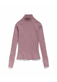 Långärmad polotröja i mjuk mauve-ribbad tyg, med en figurnära design och raglansärmar med uppvikta fållar.