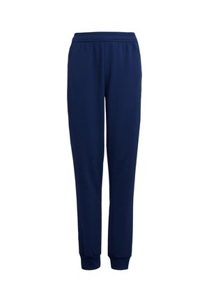 Pantalon de survêtement bleu marine avec taille élastique et bas resserrés, coupe droite et poches latérales, présenté sur fond blanc uni.