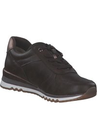 Schwarzer Sneaker mit einem strukturierten Lederobermaterial, durchbrochenem Design, runder Schuhspitze, gepolstertem Schaft und Gummisohle mit Zickzackmuster.