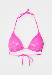 Pink bikini top with triangular cups, embellished with silver studs, featuring thin adjustable straps and a tie closure at the back.