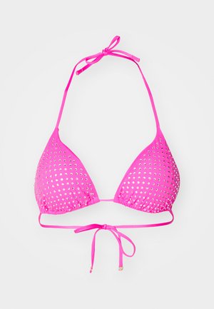 Pink bikini top with triangular cups, embellished with silver studs, featuring thin adjustable straps and a tie closure at the back.