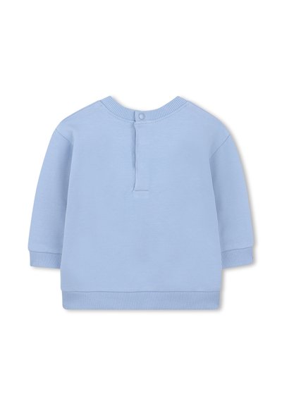 Niebieski sweatshirt z długimi rękawami, ściągaczami przy nadgarstkach i u dołu. Posiada zapinanie na guziki z tyłu. Miękka, teksturowana tkanina.