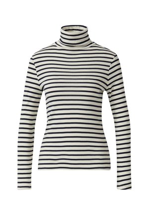 Haut à col roulé rayé avec des manches longues, de couleur crème avec des rayures horizontales bleu marine, fabriqué à partir d'un matériau doux et extensible.