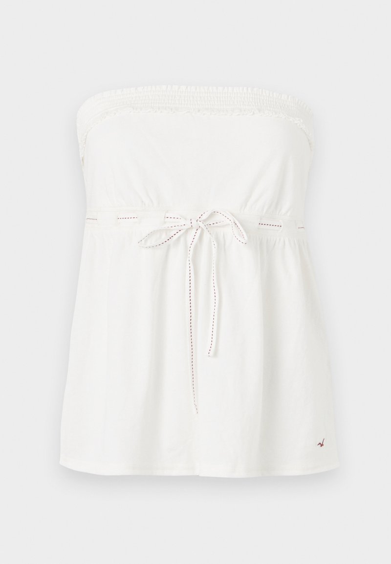 Weißes trägerloses Oberteil aus Baumwolle mit gerafftem Ausschnitt, Kordelzug in der Taille und dezenten roten Stickakzenten.