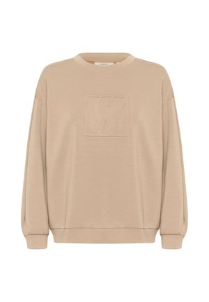 Felpa beige con un logo quadrato testurizzato sul davanti, scollo rotondo e maniche lunghe leggermente arricciate. Tessuto morbido e liscio.