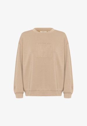 Beige sweatshirt met een gestructureerd vierkant logo op de voorkant, ronde halslijn en licht gepofte lange mouwen. Zacht, glad stof.