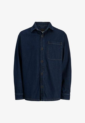 Chemise boutonnée en denim noir avec des manches longues, un col pointu et une poche poitrine. Présente des boutons marron et des accents de couture jaunes.