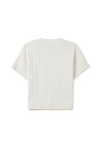 Top bianco lavorato a maglia a maniche corte con texture a coste verticali, scollatura a girocollo e orlo a coste. Tessuto morbido con vestibilità relaxed.