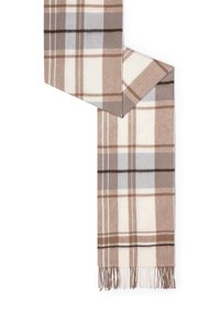 Beige, brown, and gray plaid wool scarf with fringed ends, folded at the top right on a white background.