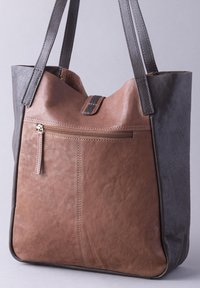 Brown and gray leather tote bag with dual texture, featuring a front zip pocket and two sturdy strap handles.