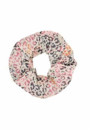 Light pink fabric scrunchie with black, orange, and darker pink leopard print pattern, gathered in a circular shape.