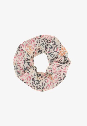 Light pink fabric scrunchie with black, orange, and darker pink leopard print pattern, gathered in a circular shape.