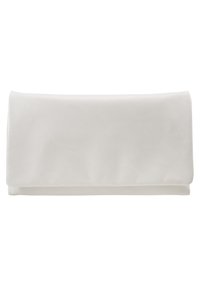 Biała skórzana prostokątna torebka kopertowa z zagiętym klapem i gładką teksturą, prezentowana na jednolitym białym tle.