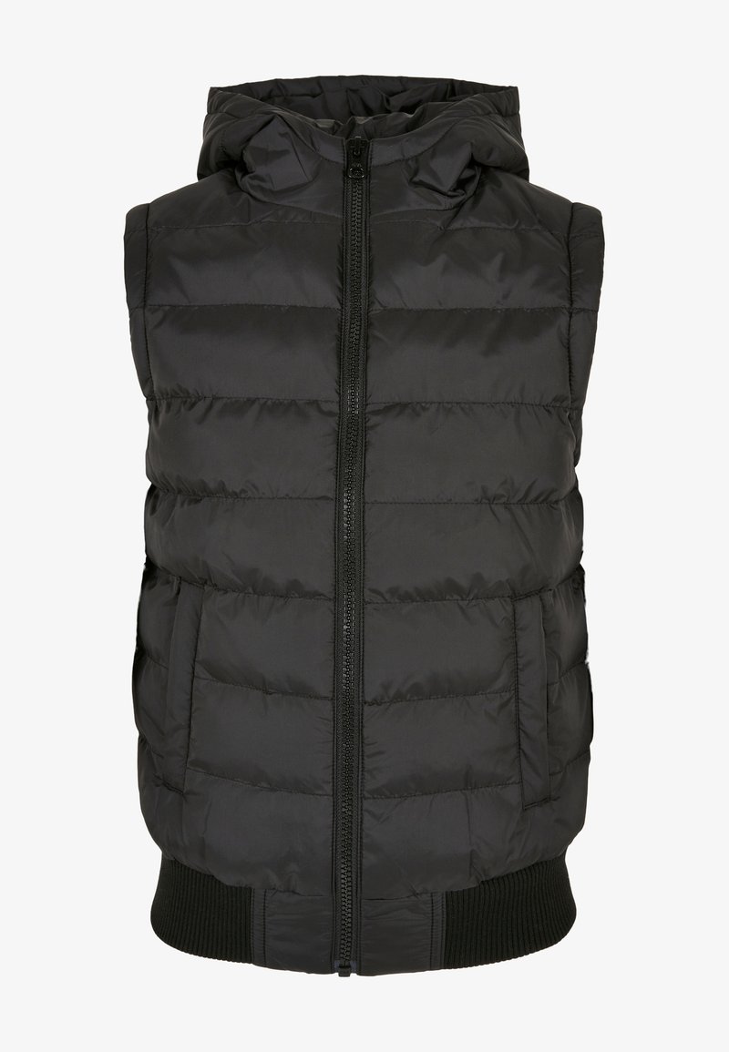 Svart pufferväst med huva, frontdragkedja och sidofickor. Har quiltade sektioner och ribbad nederkant för extra textur.