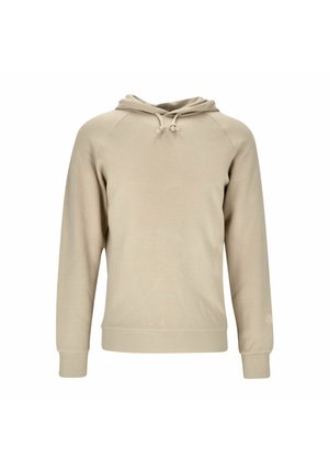Beige hooded sweatshirt with a smooth texture, raglan sleeves, adjustable drawstring, and ribbed cuffs and hem. Minimalistic design with no patterns.