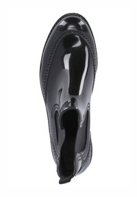 Schwarze glänzende Chelsea-Boots mit elastischen Seitenpaneelen, runder Spitze und dekorativen Nähten entlang der Kante. Leicht und mit glatter Textur.