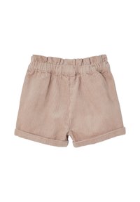 Pale pink corduroy shorts with an elastic waistband, featuring two front pockets and rolled cuffs. Soft texture with vertical stripes.