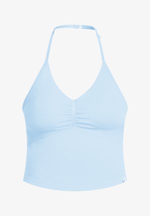 Lichtblauw haltertop met een V-hals en een geraffineerde voorkant. Gemaakt van rekbare stof, met een gladde textuur en een klein logo aan de zoom.