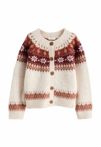 Gestickte Strickjacke in Creme mit einem roten und braunen geometrischen Muster, Rundhalsausschnitt, langen Ärmeln und fünf Holzknöpfen.