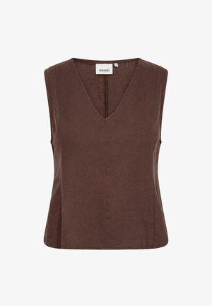 Haut marron sans manches avec col en V, design simple, ourlet droit, et étiquette "wasabi CONCEPT" à l’intérieur du col.