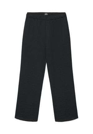 Czarne spodnie o szerokich nogawkach wykonane z lekkiego materiału, z elastycznym pasem i subtelną fakturą, charakteryzujące się luźnym, swobodnie układającym się krojem.
