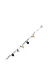 Bracciale in argento con quattro charm a forma di cuore nei colori nero, argento e oro. I link sono allungati e dotati di chiusura a moschettone.